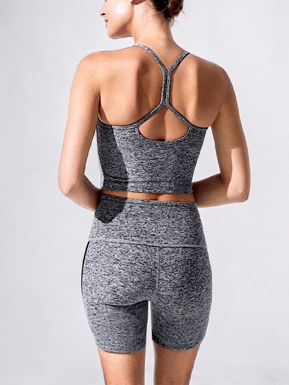 Beyond Yoga set racer tank & high rise biker 3" shorts in black white heather M